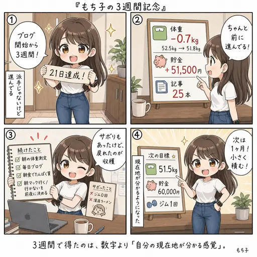 【3週間記念】ブログ開始から21日。体重・貯金・習慣の途中経過、全部晒します(4コマ漫画)