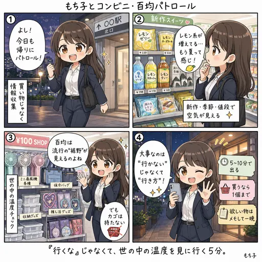 コンビニと百均は「パトロール」に行く。「行くな論」に物申すもち子の持論(4コマ漫画)