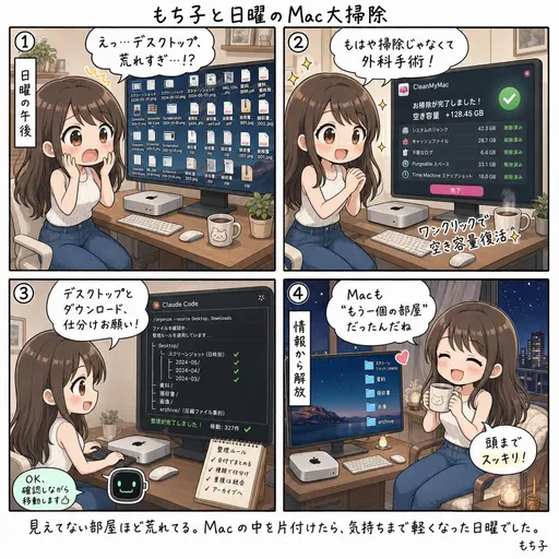 CleanMyMacとClaude CodeでMac miniを大掃除。日曜の昼下がりの外科手術(4コマ漫画)