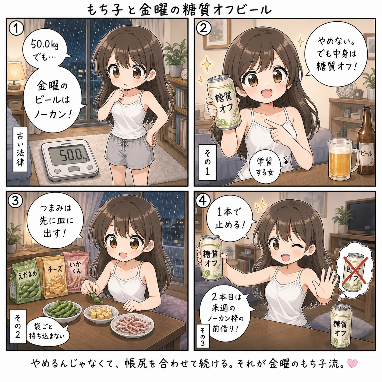 もち子と金曜の糖質オフビール(4コマ)