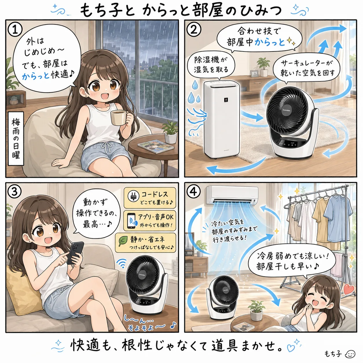 もち子とからっとした部屋をつくるSwitchBotのサーキュレーター(4コマ)