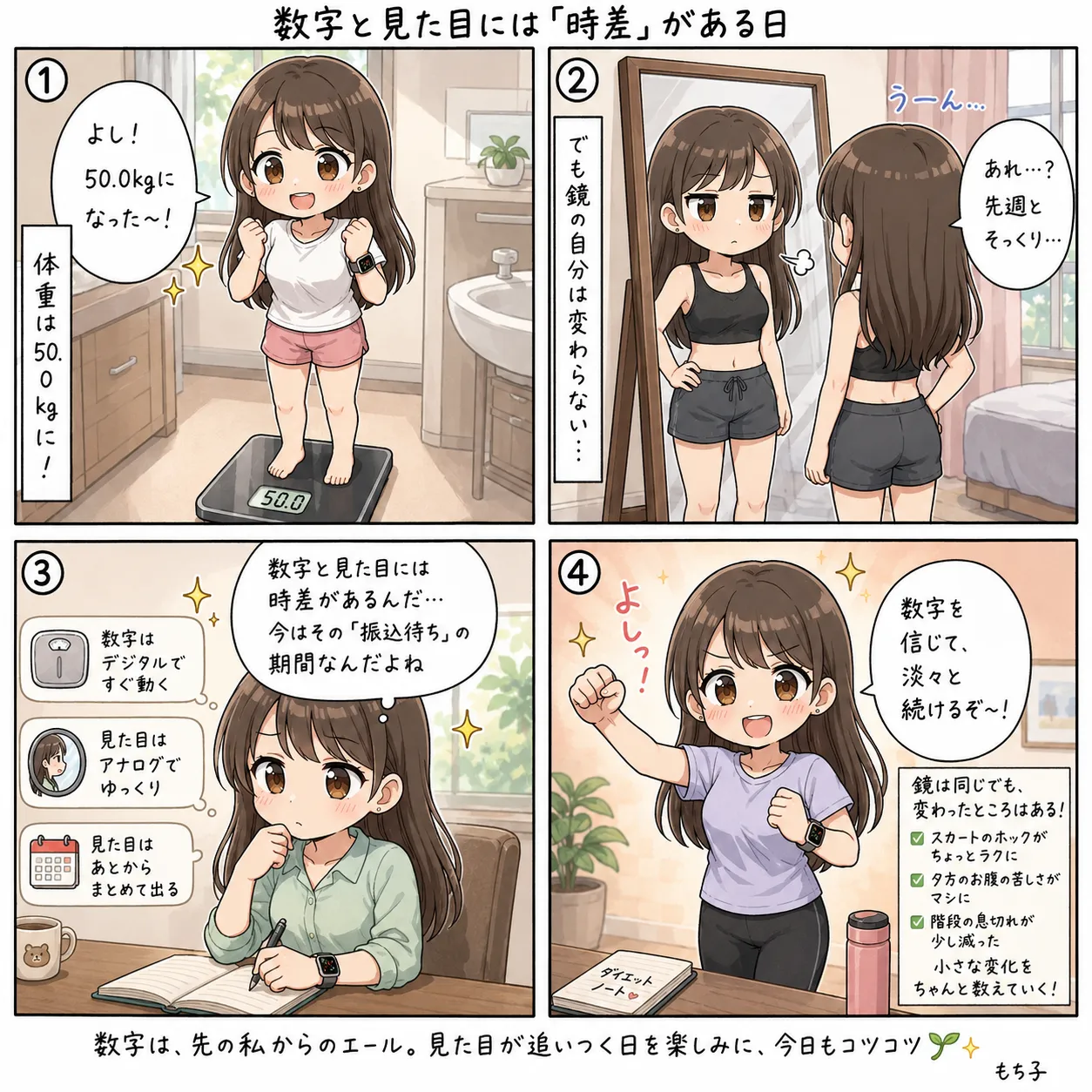 もち子と鏡の中の見た目ラグ(4コマ)
