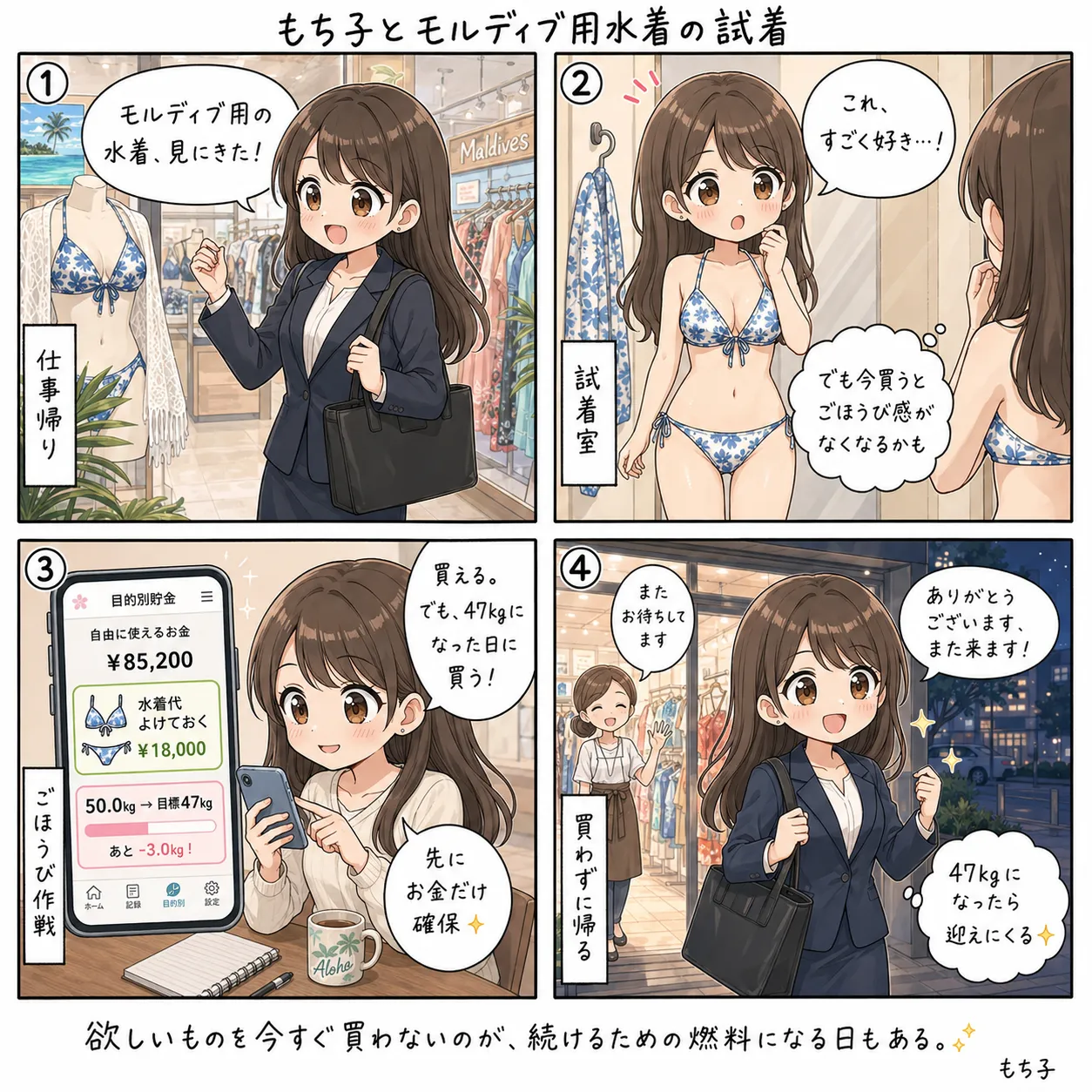 もち子とモルディブ用水着の試着(4コマ)