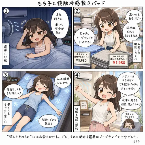 接触冷感の敷きパッドはノーブランドで十分だった。寝苦しい夜、ブランドものを買わなくてもちゃんと涼しくなる(4コマ漫画)