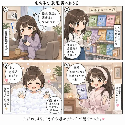 自律神経のための入浴剤、結局ハマったのは泡風呂だった。いい匂いだし、体まで洗われてる気がする(4コマ漫画)