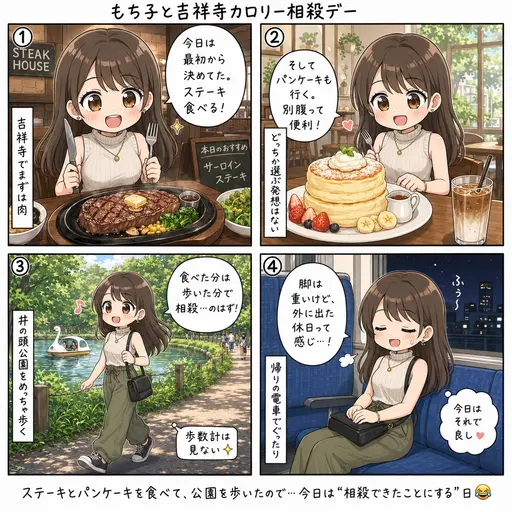 吉祥寺でステーキとパンケーキを食べて井の頭公園をめっちゃ歩いた土曜日。食べた分は歩いた分で相殺できるという理論を、今日も採用することにした(4コマ漫画)