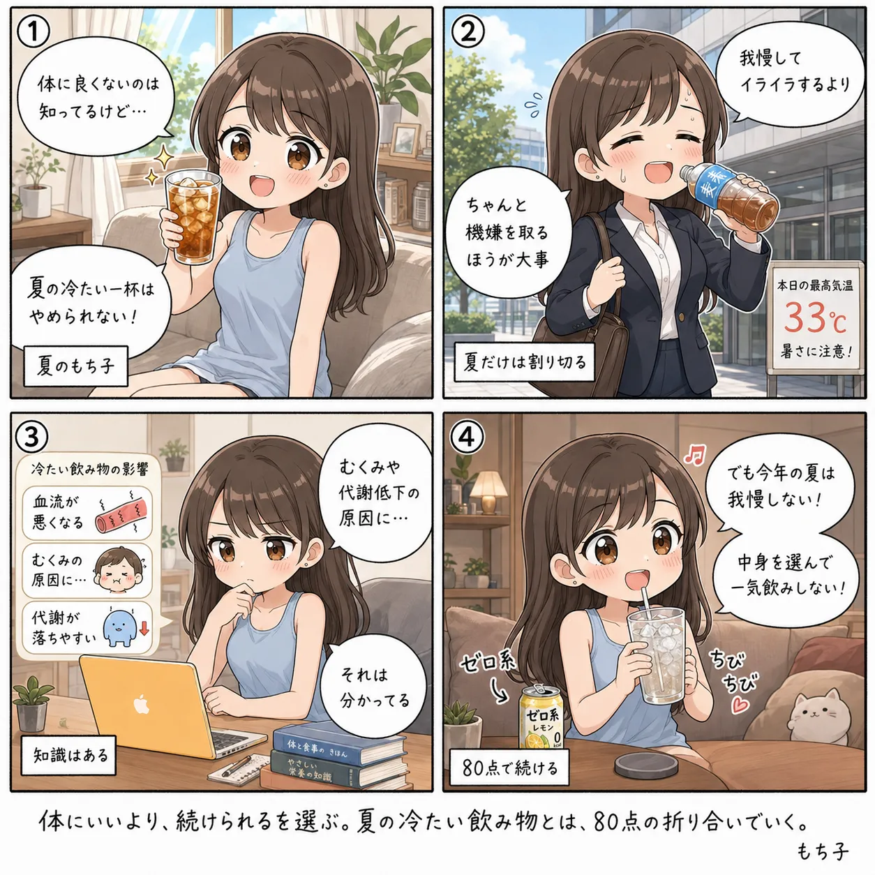 もち子、冷たい飲み物をやめられない夏(4コマ)