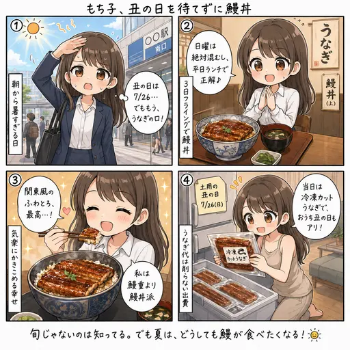 土用の丑の日を待てずにランチで鰻丼。旬じゃないと知っていても、夏はうなぎが食べたくなる(4コマ漫画)