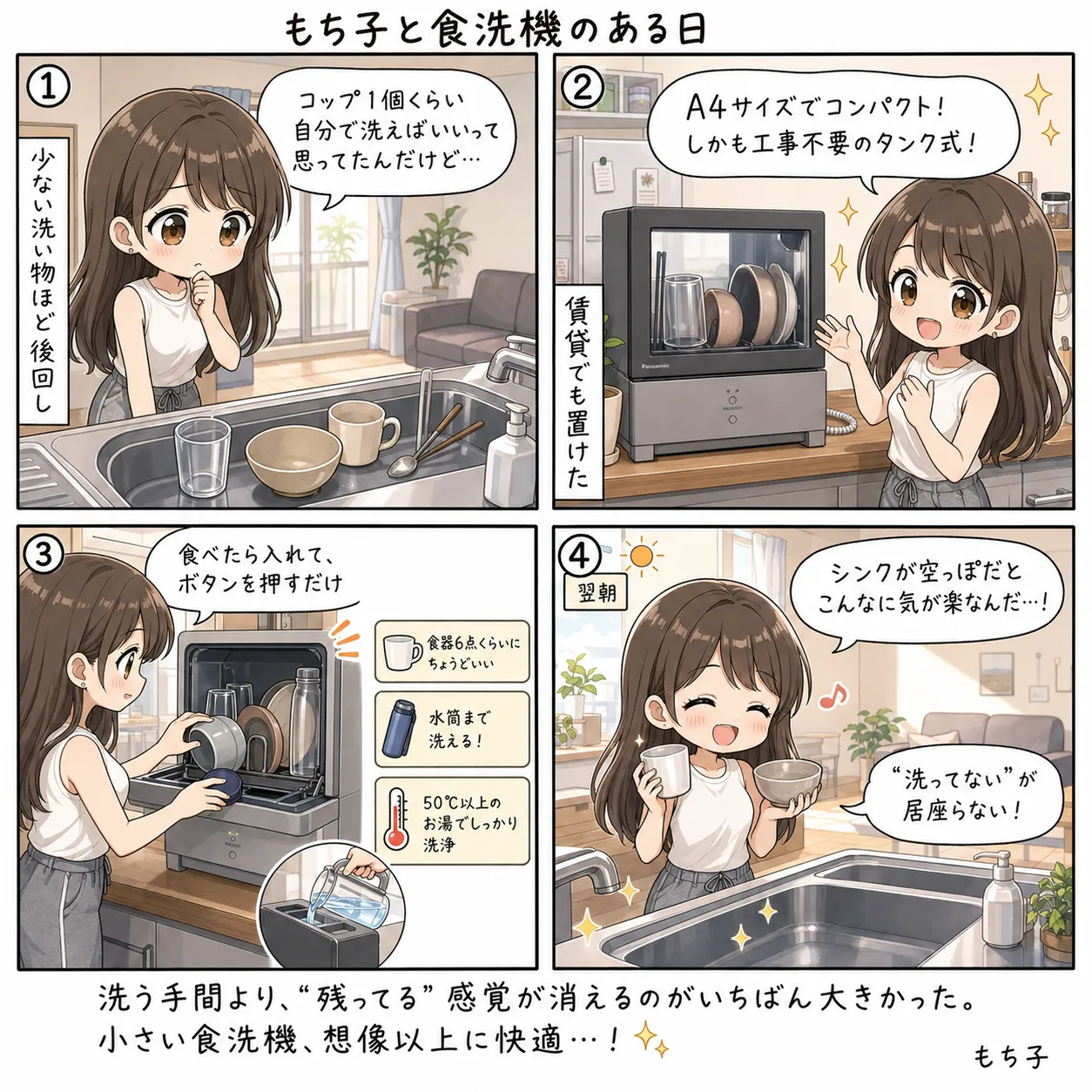 もち子、コップ1個くらい自分で洗えばいいと思っていたのに、A4サイズの工事不要な食洗機を置いたら翌朝シンクが空っぽで気が楽になる(4コマ)