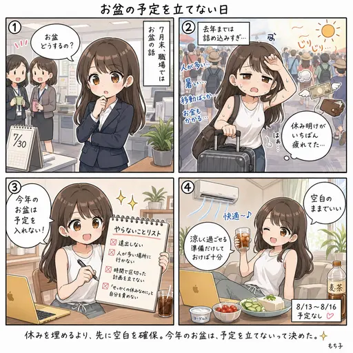 お盆の予定を立てないと決めた。夏の連休に計画を詰め込むと、休み明けにいちばん疲れているから(4コマ漫画)