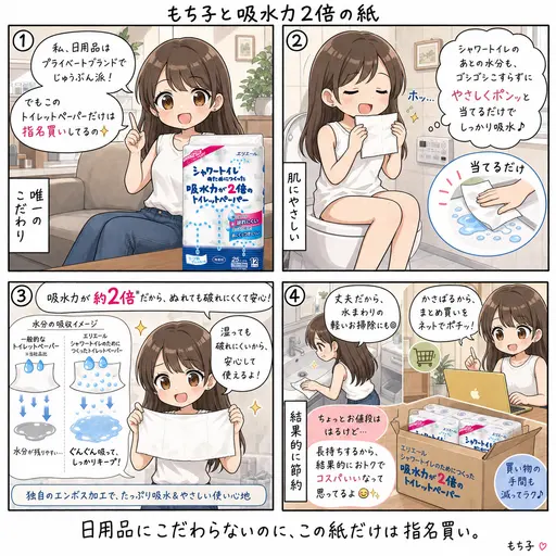 エリエールの吸水力が2倍のトイレットペーパーは、拭くんじゃなくて当てるだけ。日用品にこだわらないもち子が、唯一指名買いしている紙(4コマ漫画)