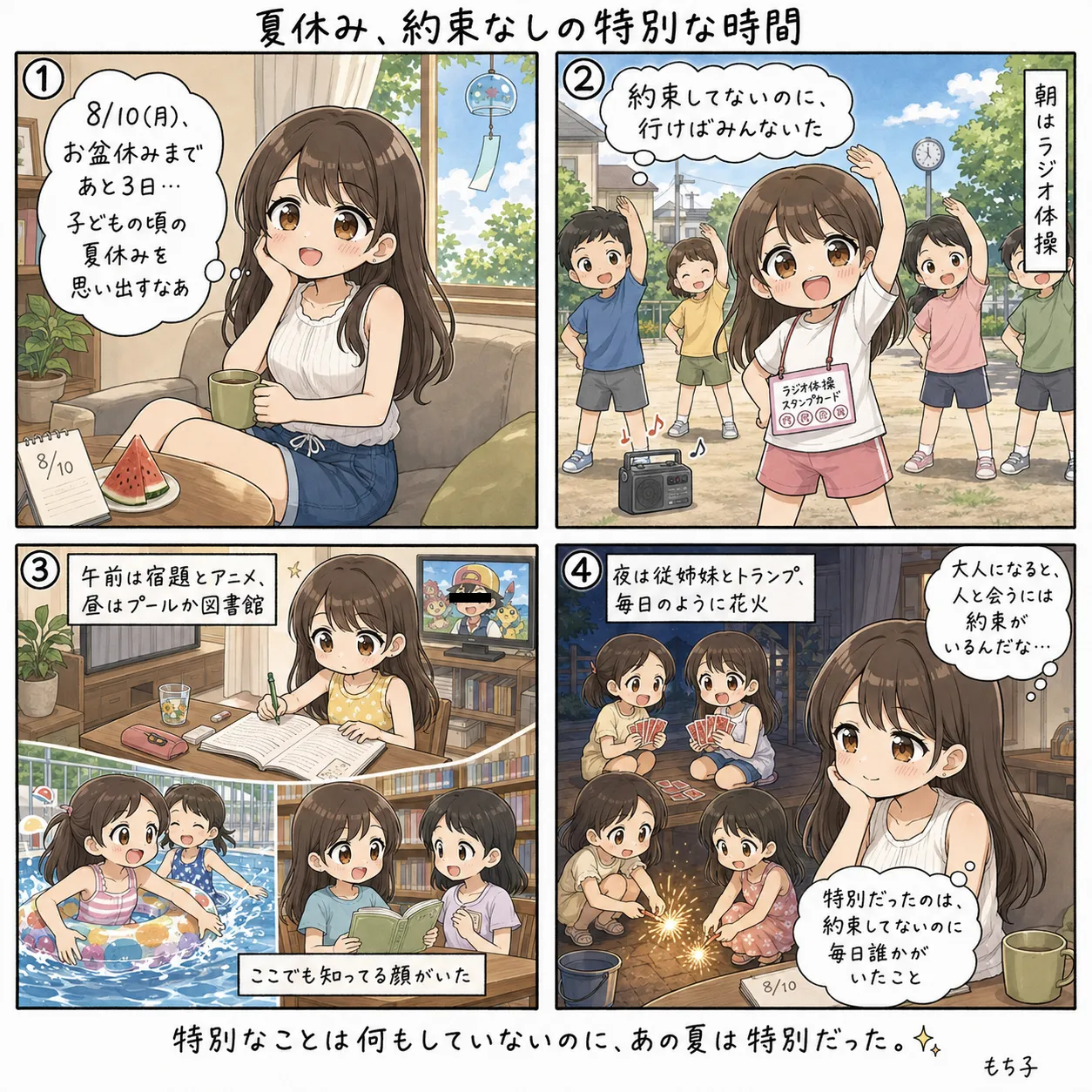 お盆前の月曜、子供の頃の夏休みを思い出すもち子。ラジオ体操・プール・夜のトランプと毎日の花火と、約束していないのに毎日誰かと一緒だったことに気づく(4コマ)