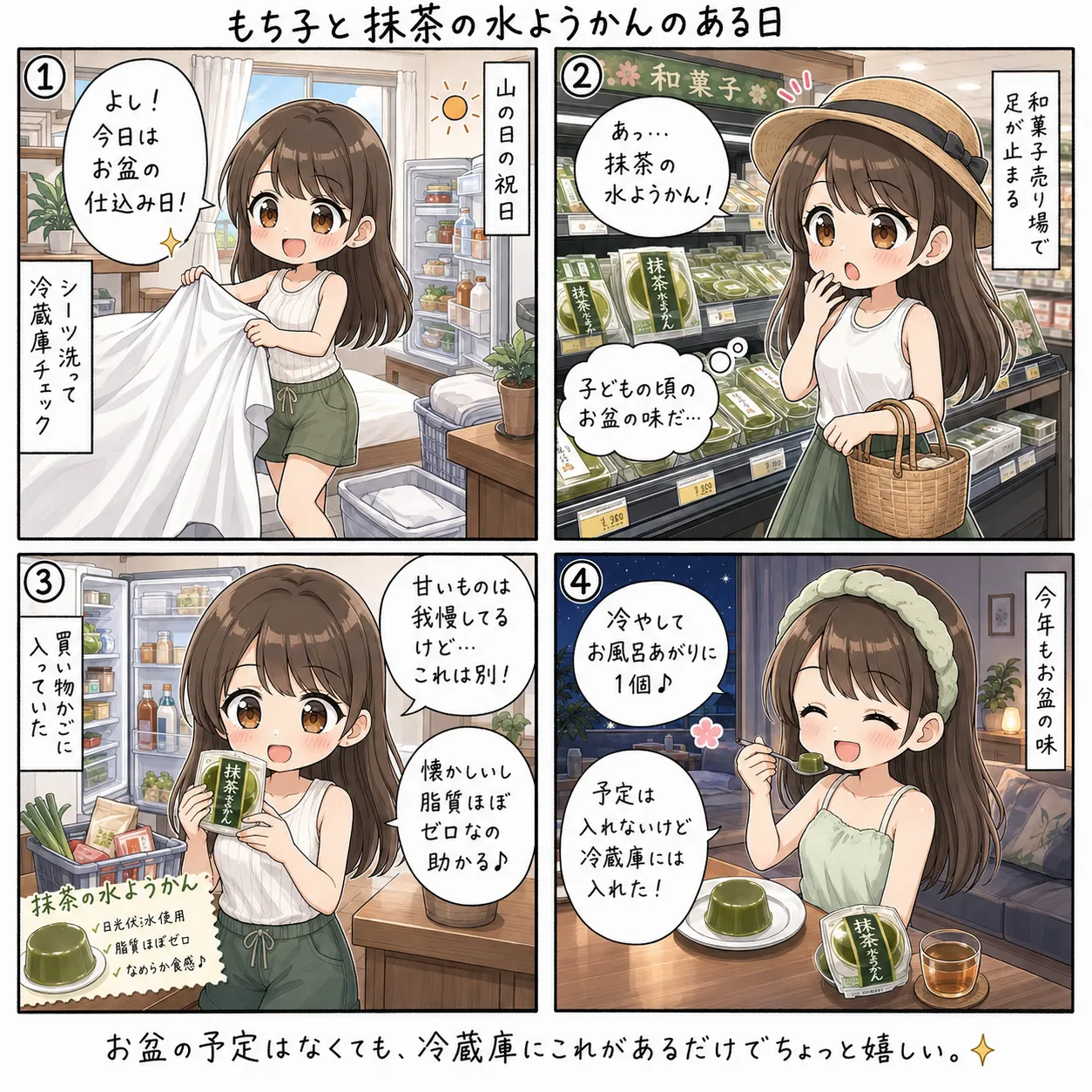 山の日の祝日にお盆休みの仕込みをするもち子。シーツを洗い冷蔵庫を空け、買い出しに出たスーパーの和菓子の棚で抹茶の水ようかんに足が止まる(4コマ)
