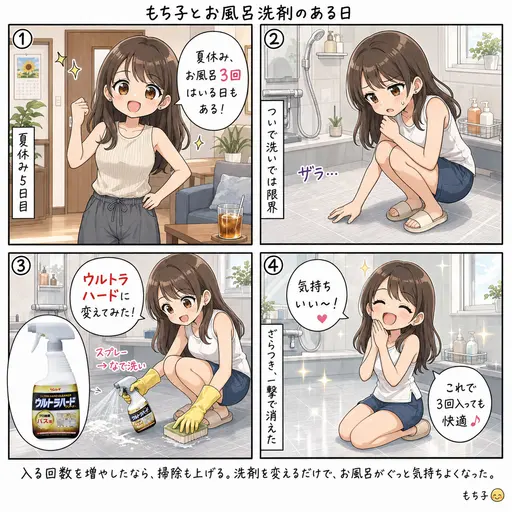 お風呂用の強力洗剤に変えたら、床のざらつきが一撃で消えた。1日3回入る夏休みのために掃除を格上げした(4コマ漫画)