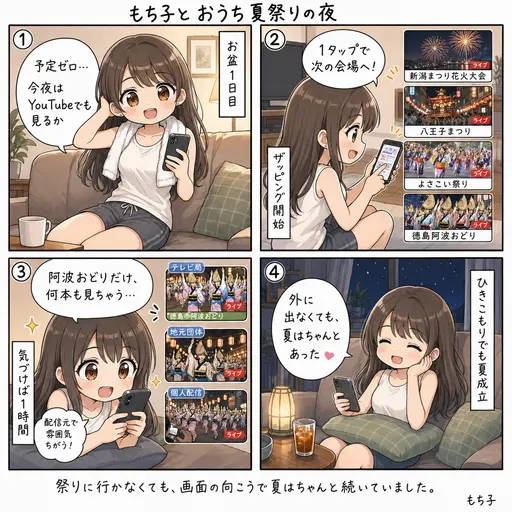 お盆1日目、外に出ずにYouTubeで各地のお祭りをザッピングした。引きこもりでも夏はちゃんとあった(4コマ漫画)