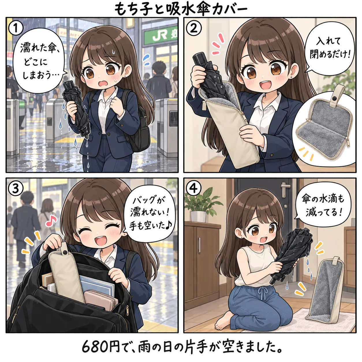 吸水傘カバーに濡れた折りたたみ傘を入れて、そのままリュックの中にしまうもち子(4コマ)