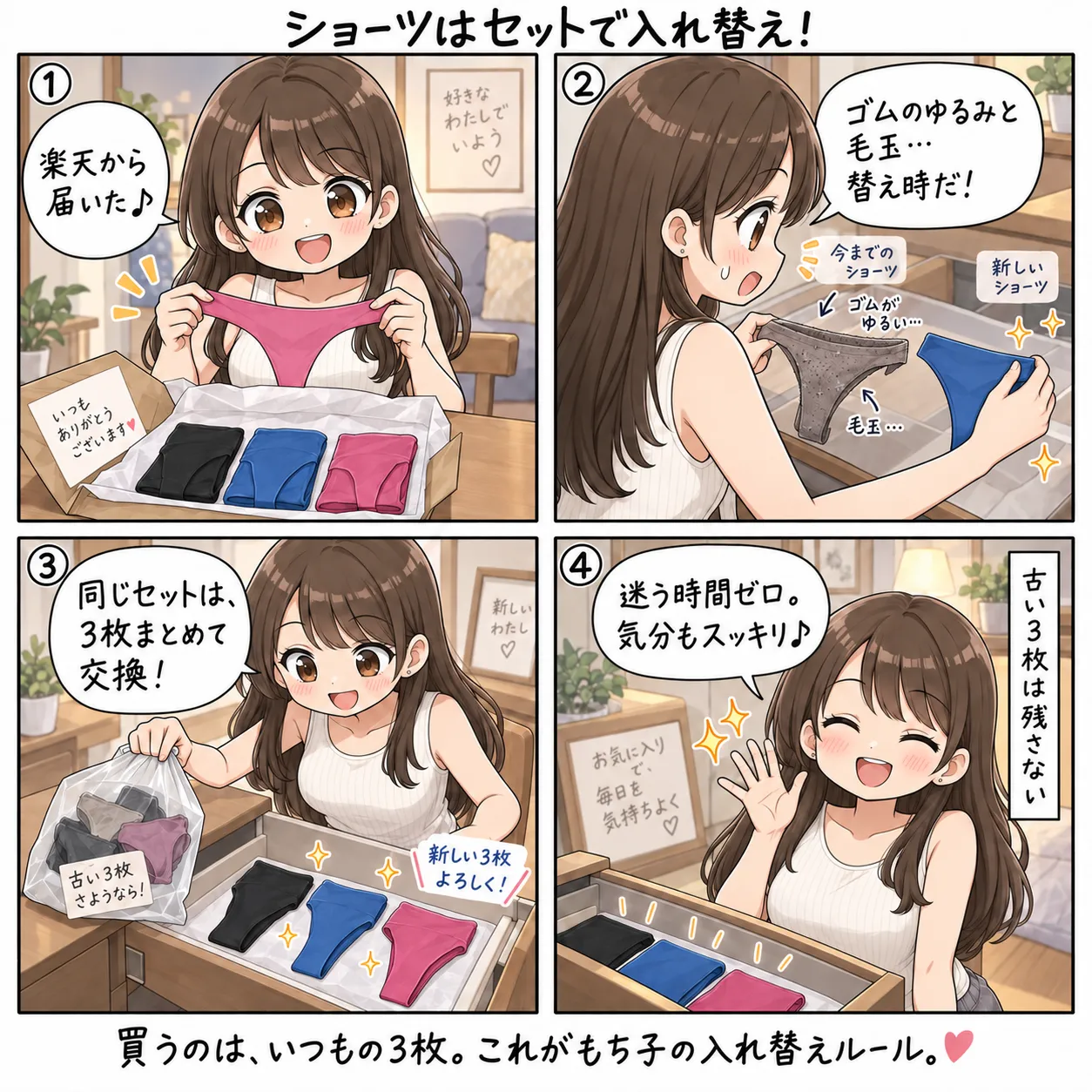 楽天から届いたいつものTバック3枚と、ゴムがゆるんで毛玉の出た古い3枚をまとめて入れ替えるもち子(4コマ)