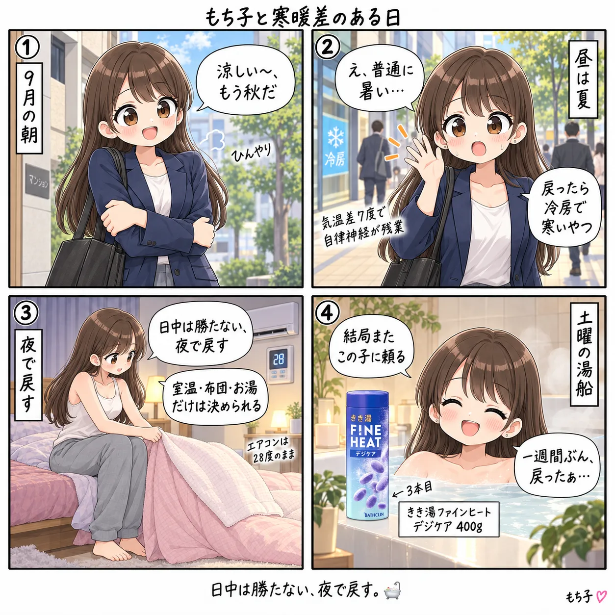 朝はひんやりして秋だと油断したら昼は普通に暑く、夜は室温と掛け布団で戻し、土曜の湯船できき湯ファインヒートのデジケアに頼るもち子(4コマ)