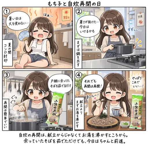 暑さが抜けたので、火を使う自炊を再開した。作ったのは余っていたそばを茹でただけ。それでも再開は再開(4コマ漫画)