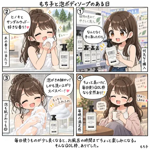 何気なく買ったボタニストの泡ボディソープが、匂いも泡も当たりだった。ちょっと高いけど、QOL枠ならあり(4コマ漫画)