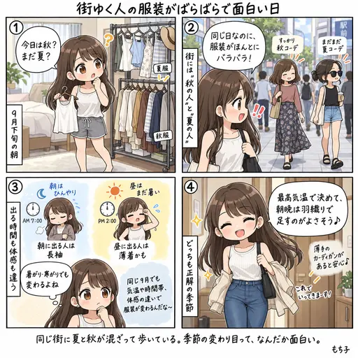 街ゆく人の服装がばらばらで面白い。すっかり秋の人と、まだノースリーブの人が同じ日に歩いている9月の終わり(4コマ漫画)