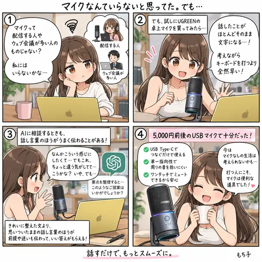 マイクなんていらないと思ってた。音声入力の精度が高すぎて、打つより話したほうが早かった。AIには、きれいな文より話し言葉のほうが伝わる日もある(4コマ漫画)
