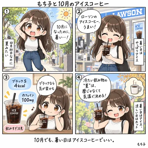 10月になったのに、暑い。ローソンのアイスコーヒーがうまい。冷たい飲み物の「夏」は、暦じゃなくて気温で延長する(4コマ漫画)