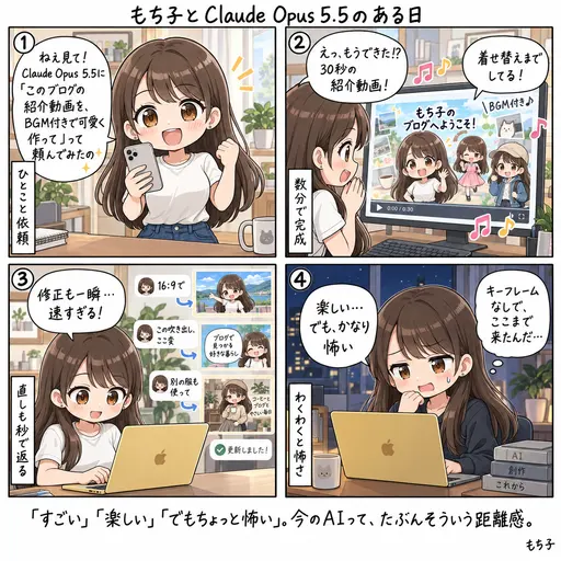 ねえ、これ見て。Claude Opus 5.5に「このブログの紹介動画を、BGM付きで可愛く作って」と頼んだら、もち子が着せ替えしながら動き出した。すごくない?(4コマ漫画)