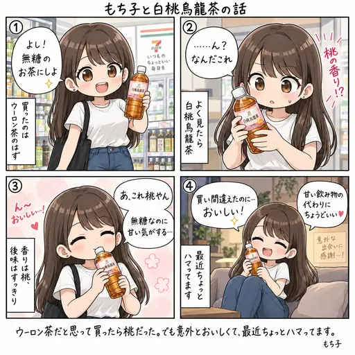ウーロン茶だと思って買ったら、桃だった。セブンの白桃烏龍茶、「なんだこれ」からの「あ、これ桃やん」で、最近ちょっとハマってます(4コマ漫画)