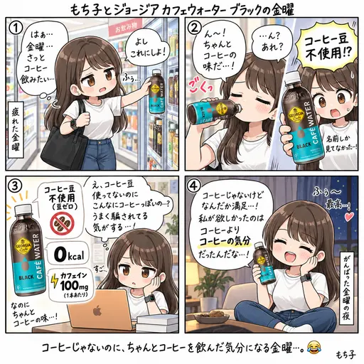 コーヒーだと思って買ったら、コーヒーじゃなかった。ジョージアのカフェウォーター ブラックは、豆を使わないコーヒーっぽい何か。うまく騙されている気がする金曜(4コマ漫画)
