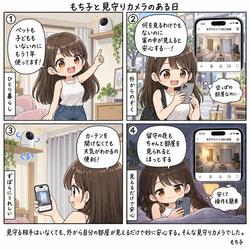 ペットもいないひとり暮らしなのに、SwitchBotの見守りカメラを1年使っている。何を見るわけでもないのに、外から家の中が見えるだけで妙に安心する話(4コマ漫画)