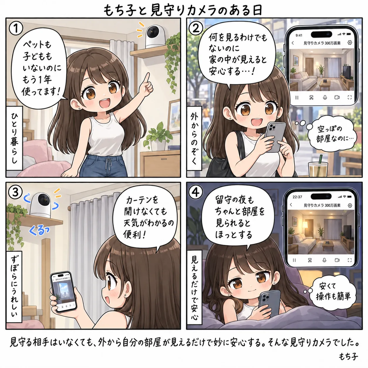 ペットも子どももいないひとり暮らしなのに、見守りカメラを1年使っているもち子。外出先からスマホで空っぽの部屋をのぞくと、何を見るわけでもないのに安心する。カーテンを開けなくても首振りで外の天気がわかり、留守の夜も部屋を見られてほっとする。安くて操作も簡単で、見えるだけで安心する見守りカメラだった(4コマ)