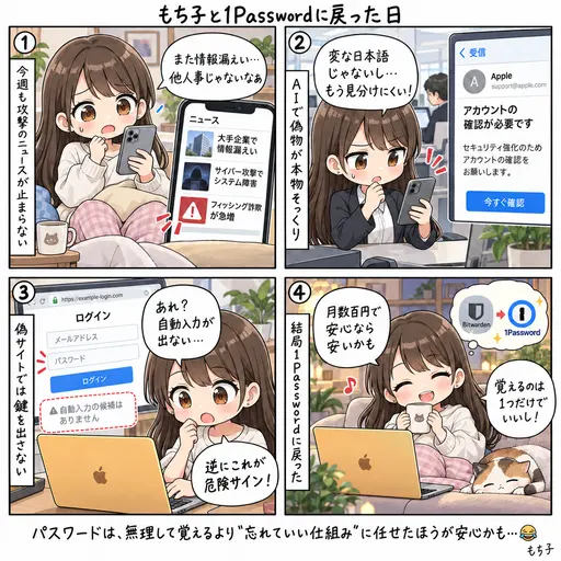 サイバー攻撃のニュースが止まらない。Bitwardenを経て1Passwordに戻ってきたもち子が、月数百円でパスワードを全部忘れることにした話(4コマ漫画)