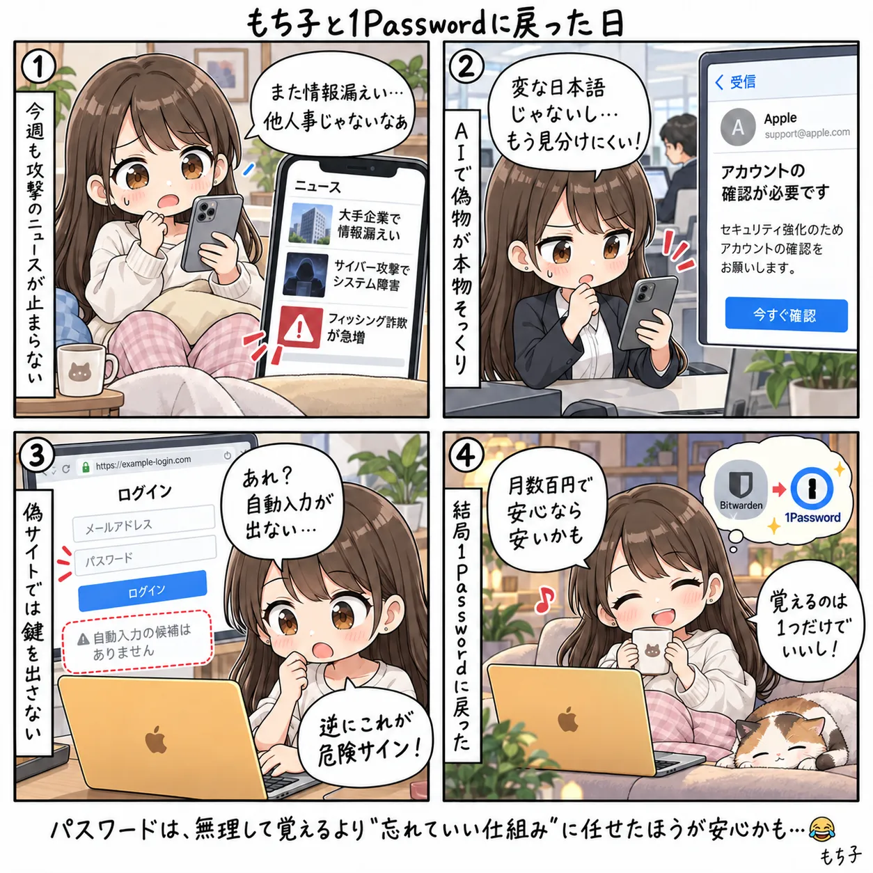 今週も攻撃のニュースが止まらず、他人事じゃないと思うもち子。AIで偽物のメールも本物そっくりで見分けにくい。でも偽サイトでは1Passwordの自動入力が出てこないのが、逆に危険のサイン。Bitwardenを経て1Passwordに戻り、月数百円で覚えるのは1つだけになった(4コマ)