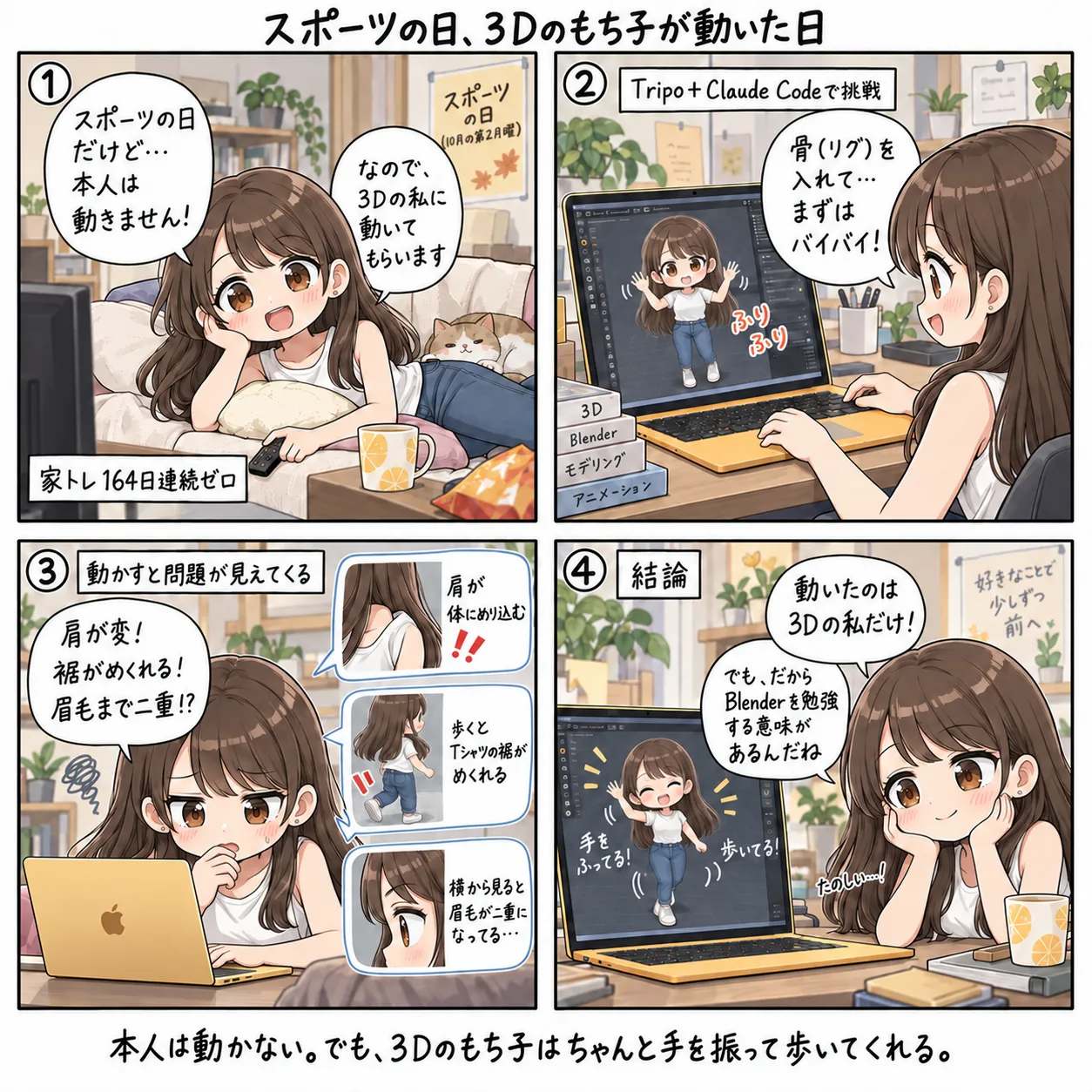 スポーツの日なのに家トレ164日連続ゼロで動かないもち子。代わりに3Dのもち子に骨(リグ)を入れて、TripoとClaude Codeでバイバイさせてみる。動かすと肩が体にめり込み、歩くとTシャツの裾がめくれ、横から見ると眉毛が二重と問題が次々。それでも手を振って歩く3Dのもち子に、だからBlenderを勉強する意味があると気づく(4コマ)