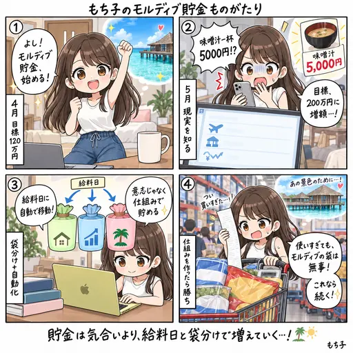 モルディブ貯金の全記録。120万円の目標を200万円に上げても、給料日に勝手に動く仕組みだけで、今日も残高は増えている(4コマ漫画)