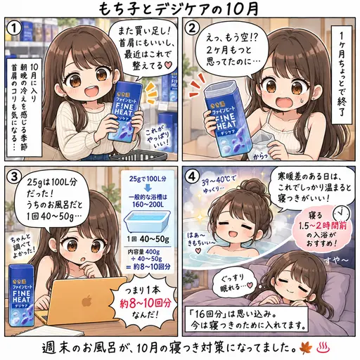 2ヶ月もつはずのきき湯ファインヒート デジケアが、1ヶ月ちょっとで空いた。量を調べ直したら、寒暖差の10月に寝つくための入り方まで分かった話(4コマ漫画)