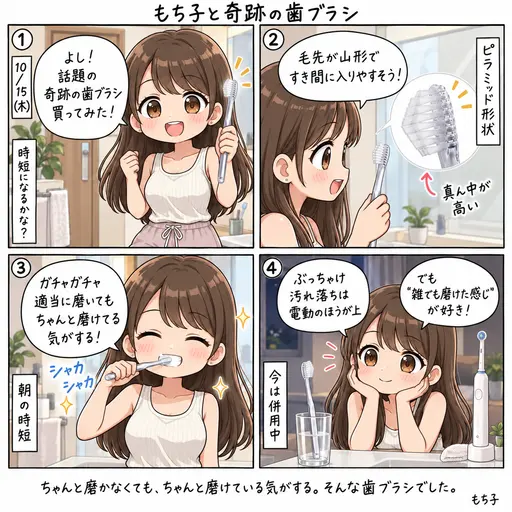 話題の奇跡の歯ブラシを買ってみた。毛の形のおかげで、ガチャガチャ適当に磨いてもちゃんと磨けてる気がする。ぶっちゃけ電動のほうがいいけど、この感じが好き(4コマ漫画)