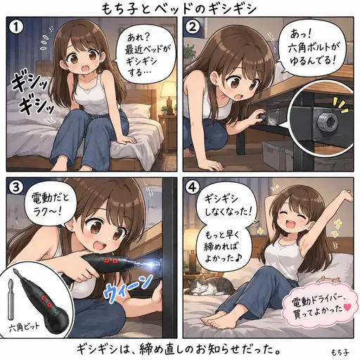 ベッドがギシギシ言い出したと思ったら、六角ボルトがゆるんでいた。組み立ててから何年も放っておいたベッドを電動ドライバーで締め直して、女性に電動ドライバーは必須だと思った話(4コマ漫画)