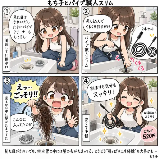 排水口はきれいに見えていたのに、排水管に差し込むブラシをくるくる回したら髪の毛がごっそり出てきた。げっそりするほど取れて、詰まりが抜けたら気分まですっきりした話(4コマ漫画)