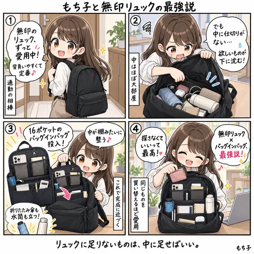 無印のリュックはいいけど、中に仕切りがない。だからバッグインバッグは必須で、長く使ったのをまた買い替えた。この組み合わせ、最強説(4コマ漫画)