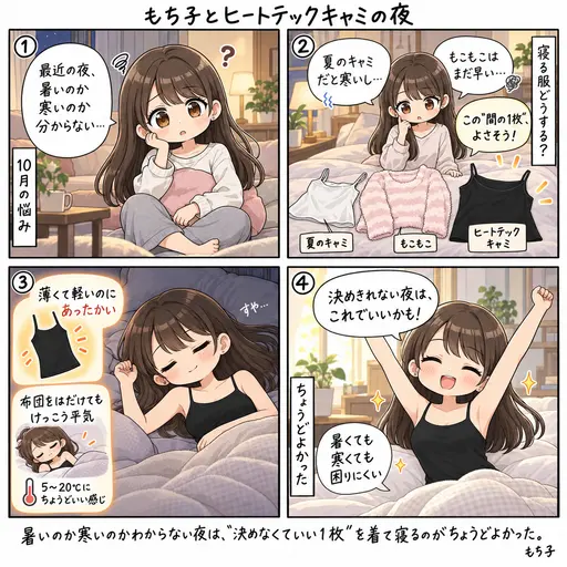 暑いのか寒いのかわからない夜に、ヒートテックのキャミソールを着て寝たら、ちょうどよかった。布団をはだけても、わりとあったかいので、これでもいいかと思っている話(4コマ漫画)