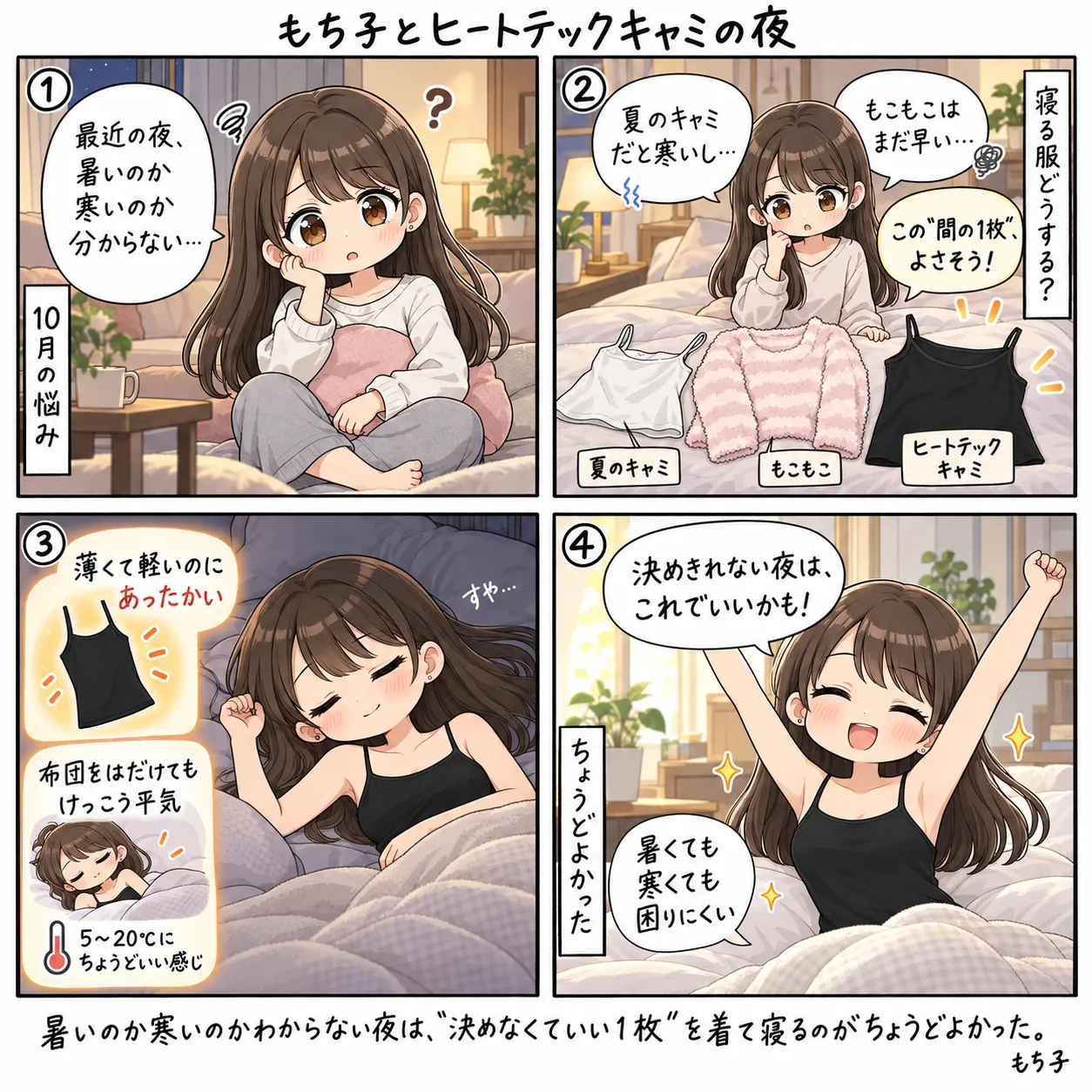 最近の夜は暑いのか寒いのか分からない10月の悩み。夏のキャミだと寒いし、もこもこはまだ早い。間の1枚としてヒートテックキャミを選んだら、薄くて軽いのにあったかく、布団をはだけてもけっこう平気。決めきれない夜はこれでいいかもと伸びをするもち子(4コマ)