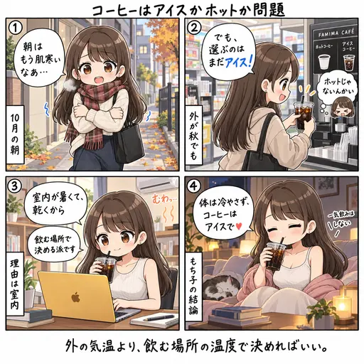 コーヒーはアイスかホットか問題。10月の肌寒い朝でも、もち子はまだアイスを選んでいる(4コマ漫画)