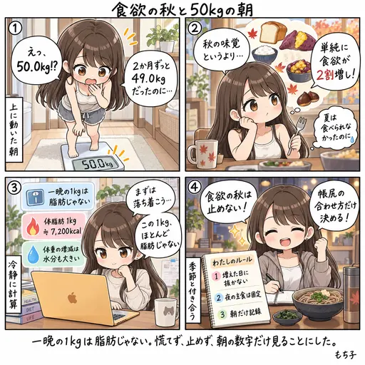 体重49.0kgが2か月続いたのに、今朝は50.0kgに戻っていた。食欲の秋に勝てる気がしないので、止めないことに決めた話(4コマ漫画)