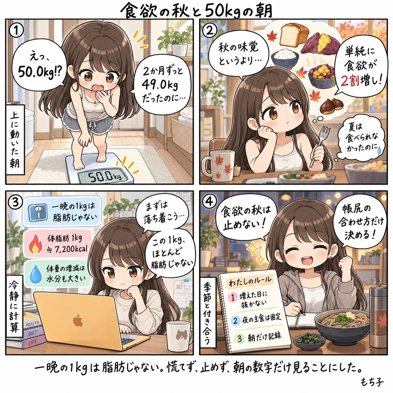 2か月ずっと体重49.0kgだったのに、今朝は50.0kg。秋の味覚というより、単純に食欲が2割増し。体脂肪1kgは約7,200kcalで、一晩の1kgはほとんど脂肪じゃないと冷静に計算。食欲の秋は止めずに、増えた日に抜かない・夜の主食は固定・朝だけ記録のルールを決めたもち子(4コマ)