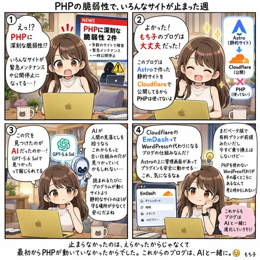 PHPの脆弱性で、いろんなサイトが止まった週。もち子のブログはAstroなので大丈夫だったけど、AI時代のブログってこういうものなのかもと思った話(4コマ漫画)