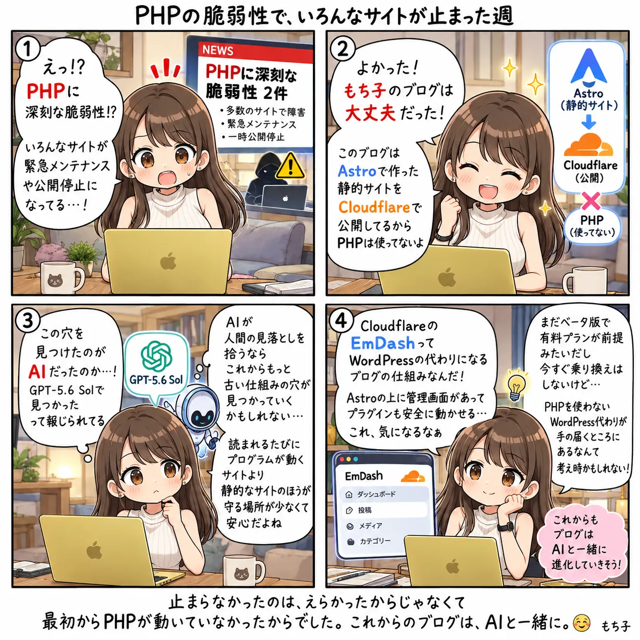 PHPに深刻な脆弱性が2件見つかり、いろんなサイトが緊急メンテナンスや公開停止に。でもこのブログはAstroで作った静的サイトをCloudflareで公開していて、PHPは使っていないので大丈夫。穴を見つけたのはAIのGPT-5.6 Solだったと知り、静的なサイトのほうが守る場所が少ないと気づく。CloudflareのEmDashはまだベータ版だけど、考え時かもと思うもち子(4コマ)