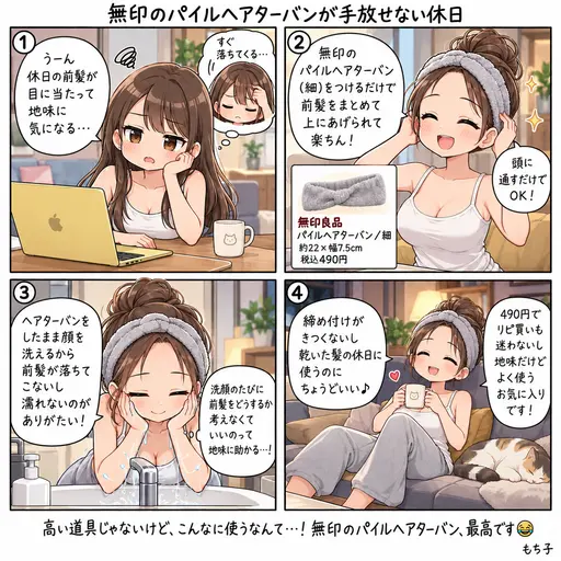 地味だけど、よく使っている無印のパイルヘアターバン。お風呂上がりより、休日の乾いた髪の日に。前髪が目に当たらないだけで楽ちんで、安いのでリピ買いしている話(4コマ漫画)