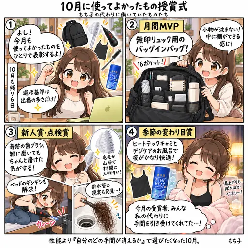 10月に使ってよかったものまとめ。ひとりで表彰していたら、受賞者がみんな、もち子の代わりに働いていた(4コマ漫画)